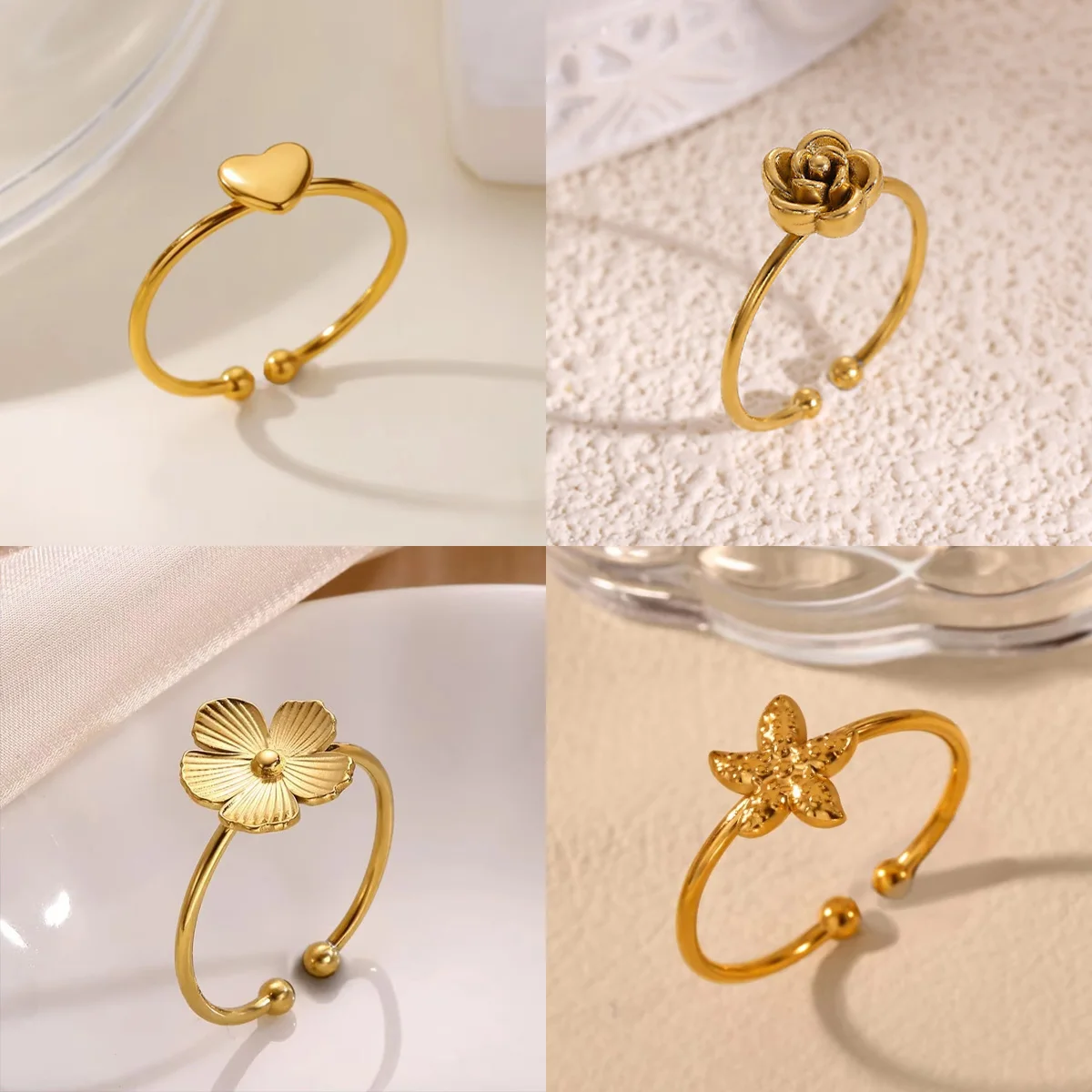 Rosenblütenringe für Frauen, goldfarben, Edelstahl, Herz, Stern, Fingerring, zierlicher Handschmuck, Hochzeitsschmuck, Geschenk