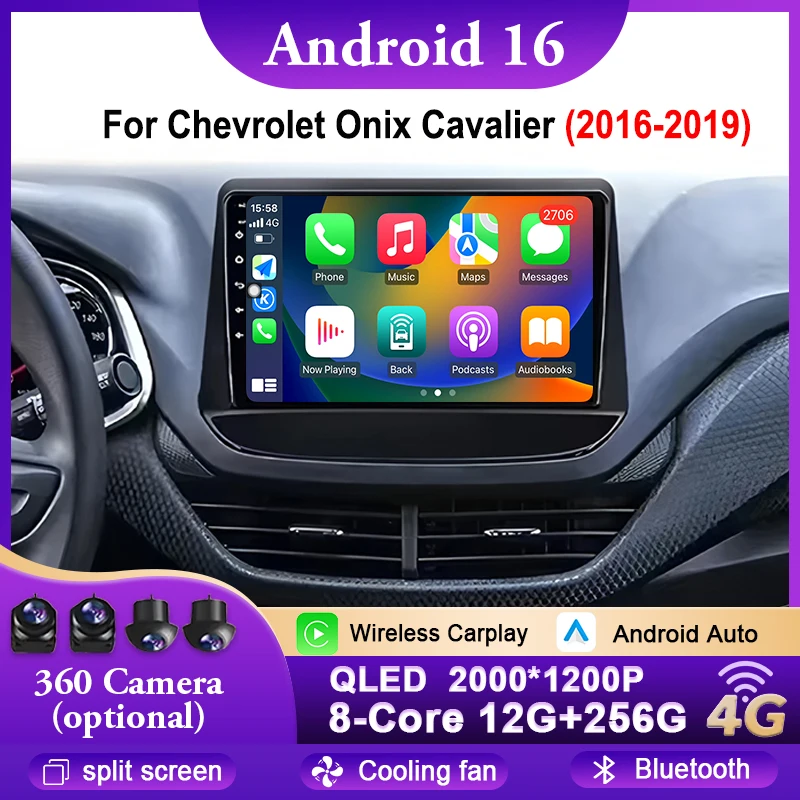 Radio para Auto con Android 16 para Chevrolet Onix Cavalier 2016-2019, Carplay, GPS, Multimedia, Bluetooth, WIFI, 4G, Reproductor, Video, Estéreo