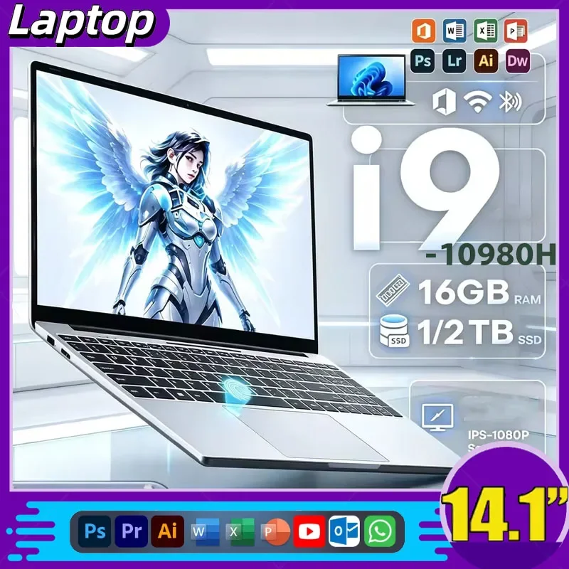 14.1 Inch Lightweight Laptop Intel I9 10980HK 32GB RAM 2TB SSD Windows 11 Backlit Keyboard Fingerprint Business Gaming Max