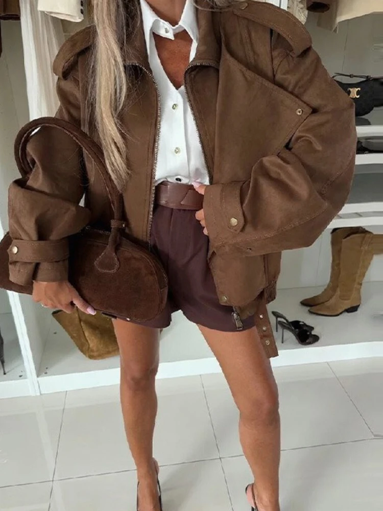 Tossy Vintage Zipper Lapel Short Jacket Coat Loose Fashion Long Sleeve Commute Solid Outwear Autumn New Women's Jackets Coat