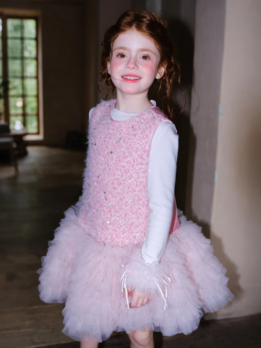 Girls Pink Mesh Tiered Cake Dress Sequin Tweed Sleeveless A-Line Princess Party Gown Cute Formal Outfit for Toddler Kids