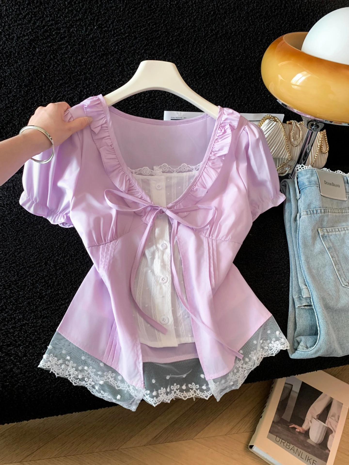 

Sweet Girl Style Lace Trim Bubble Sleeve Shirt Women's Summer New Pure Desire Wooden Small Top French Style Loose Fit