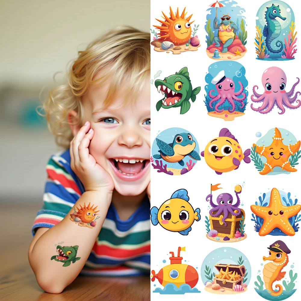 54 Uds tatuaje temporal estrella de mar dibujos animados cangrejo pulpo impermeable pegatinas corporales de larga duración pingüino para niños mejillas