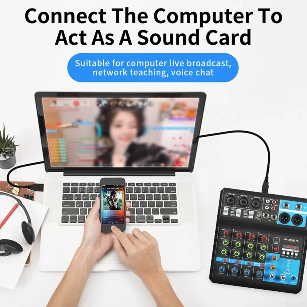 NUOVO F-5A Mixer audio Tavolo audio a 5 canali Mixer professionale Computer Stage Recording Scheda audio USB Tono alto basso Attrezzatura DJ