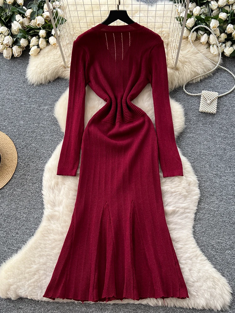 Feminino com decote em v babados vestido de malha vermelha outono manga longa camisola cabida sereia maxi vestido chique quente camadas puxa femmes