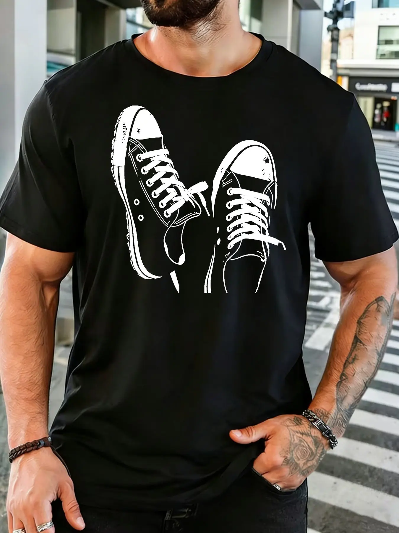 Mens Light Cotton Tee Simple Canvas Shoe Line Art Graphic O Neck Short Sleeve Loose Summer Outdoor Top For Fashion Male Adults