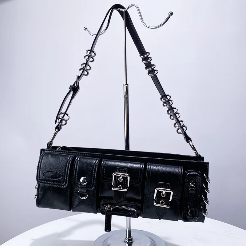 Moto & Biker Slim Shoulder Bags For Women Luxury Designer Handbag Purse 2023 New High Quality Metal Ring Decoration Underarm Bag