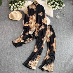 Fashion Suit European American Long Sleeved For Women Loose Irregular Print Shirt Two-piece Set High Waist Flared Pleated Pants