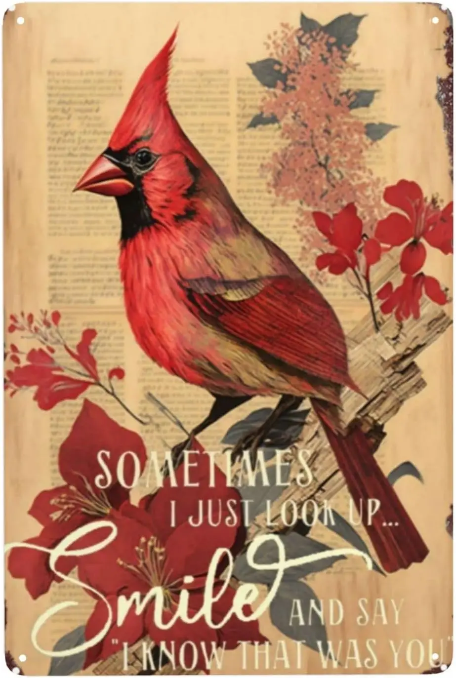 Vintage Tin Sign - 'Sometimes I Just Look Up & Smile' Design - Birds & Flowers Decor for Christmas or Cafe - Mod