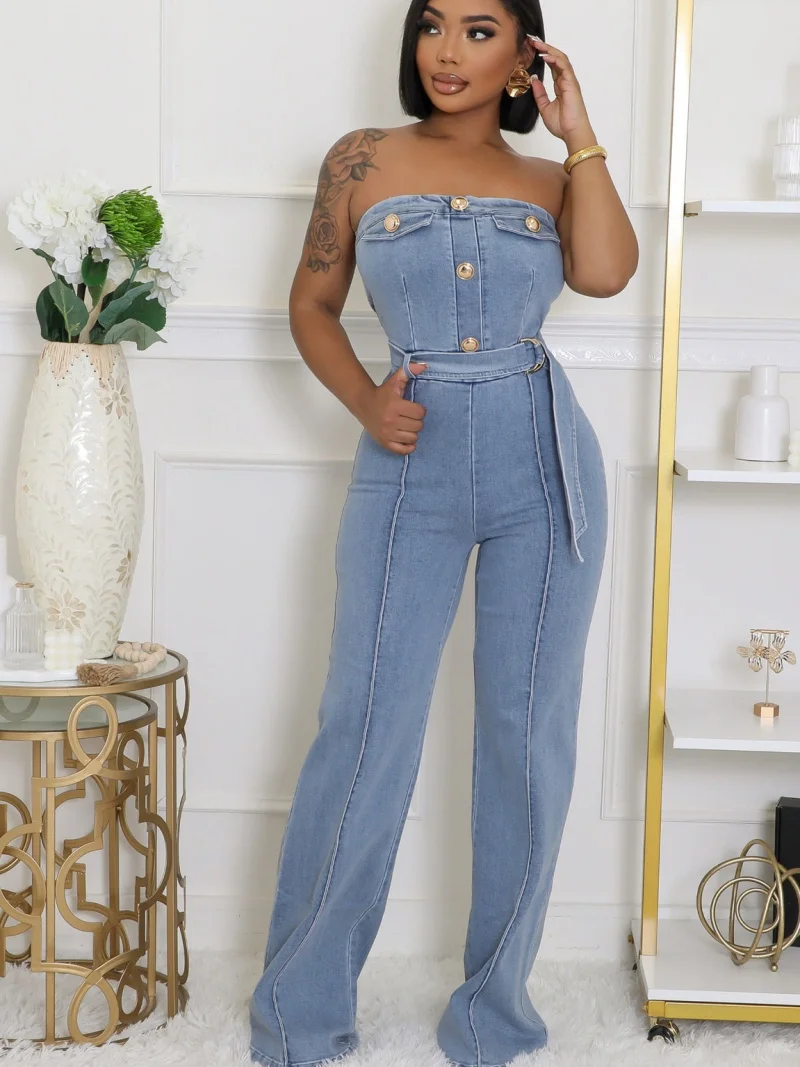 

Модный джинсовый комбинезон для женщин, летняя одежда 2026, без рукавов, без бретелек, прямой крой, джинсовый ромпер, цельный комбинезон, наряд