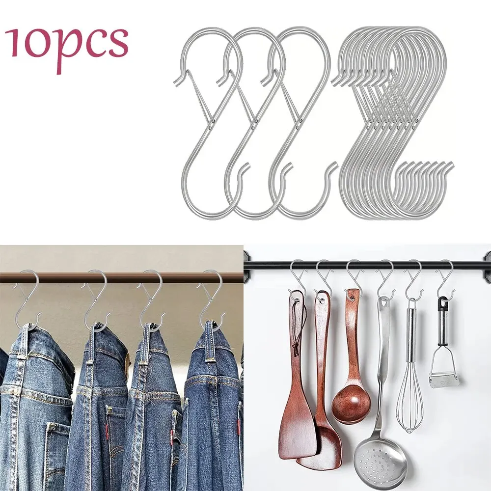 10pcs 3.55 Inch S Shaped Hooks,Rustproof S-Shaped Hook with Safety Buckle Heavy Duty Metal S Hanging Hook for Clothes, Pots, Pan