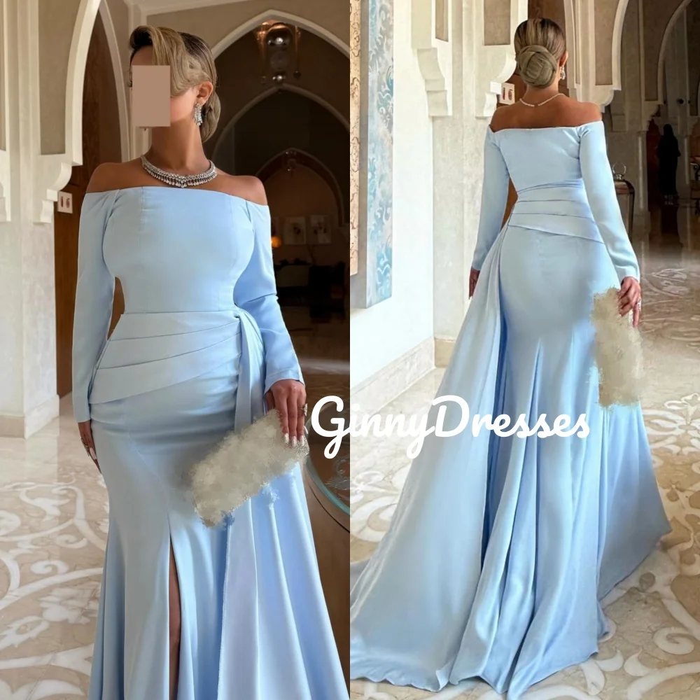 

Women'S Evening Dresses Customize Off-The-Shoulder A-Line Split Long Sleeves Formal Occasion Dresses Zipper Up Ruffle Floor-Leng