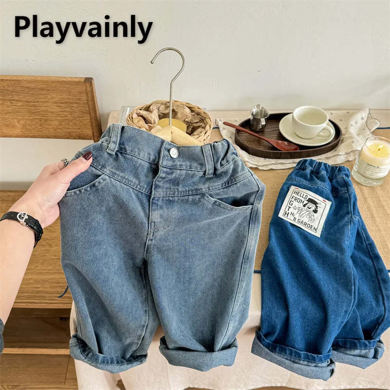 

Детские повседневные свободные джинсы в корейском стиле, весенне-осенние синие джинсовые шаровары для девочек, модные универсальные детские брюки A5088