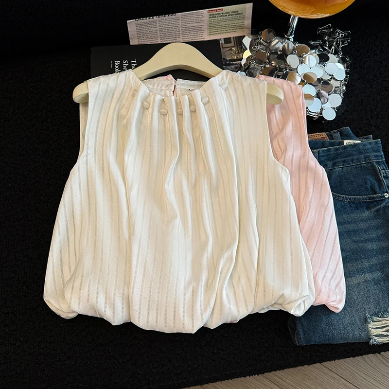 Cherry Blossom Bud Sleeveless Gathered Shirt Women's Summer New Fashion Design Outerwear Beaded round Neck Vest Top