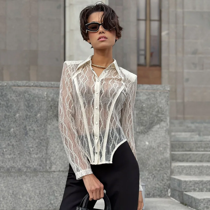 Linad مثير شير الأبيض التطريز البلوزات امرأة الخريف الشارع شيك كم طويل قميص وبلوزة 2025 أنيقة بلوزات من الدانتيل الإناث