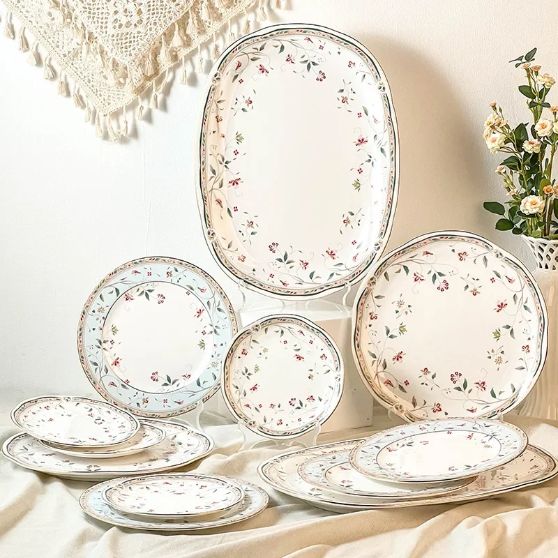 Japanese-style Bone China Floral Pretty Dish Snack Plates Disc Fish Plates Household High-end Ceramics Tableware
