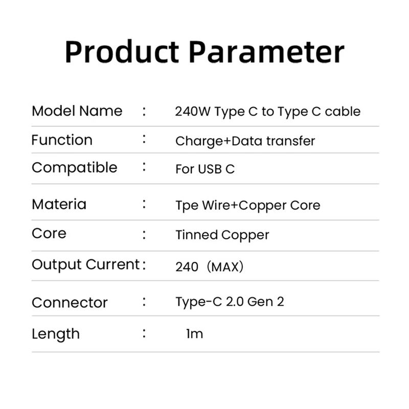 노트북 휴대폰 초고속 충전 케이블, USB-C C타입 2.0, 2 세대 5A, PD3.1, 240W, 1m