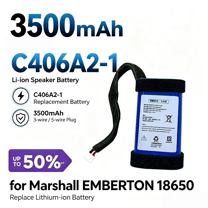 C406A2-1 3500mAh Speaker Battery for Marshall EMBERTON 18650 Replace Lithium‑ion Battery 3‑wire / 5‑wire Plug