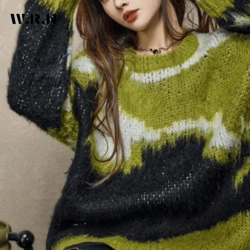 Korean Fashion Casual Y2K Knitting Long Sleeve Patchwork Pullovers 2025 Winter Women Chic Loose Fit Grunge Warm Sweater Top