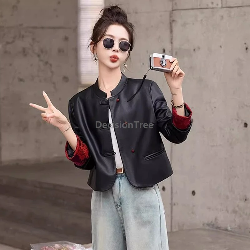 New Chinese-style Pu leather jacket women spring autumn short version elegant slim-fit leather buckle tang suit jacket