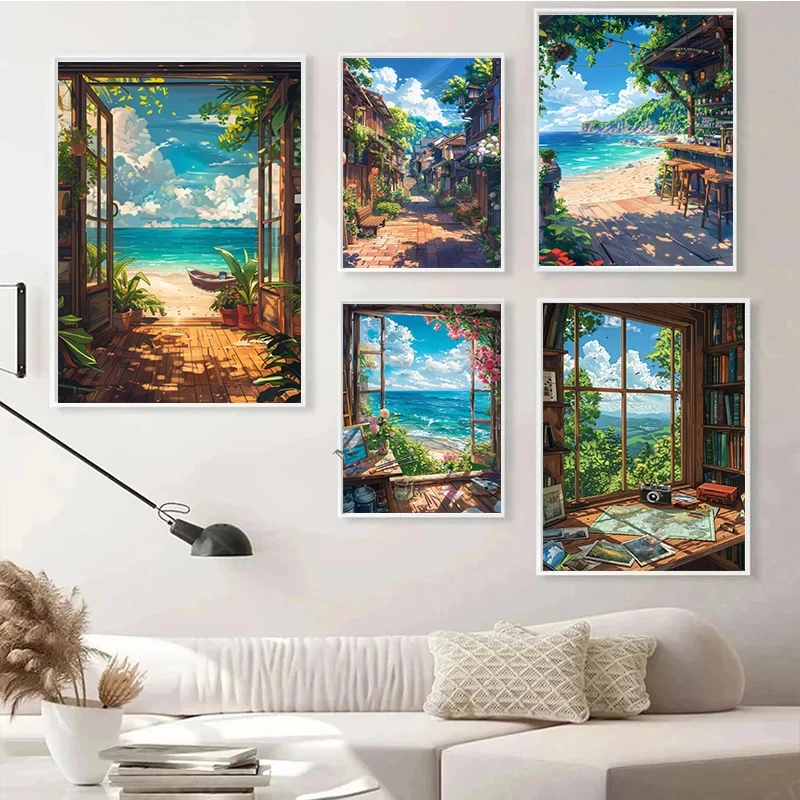 1pc frameless Canvas Painting Sea Summer Landscape Bar Anime Wall Art Poster Blue Cabin Beach Forest Canvas Painting Print Pictu
