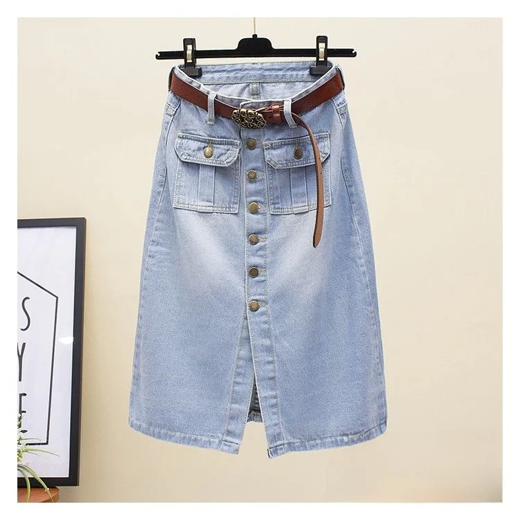 High Waist Slim Fit Midi Length Button Detail Denim Skirt Vintage Single Button Split a Line Skirt Spring New Sle