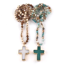 Fashion Bohemian Jewelry Accessory 6mm Stone/Glass Knotted Cross Stone Pendant Necklaces For Women