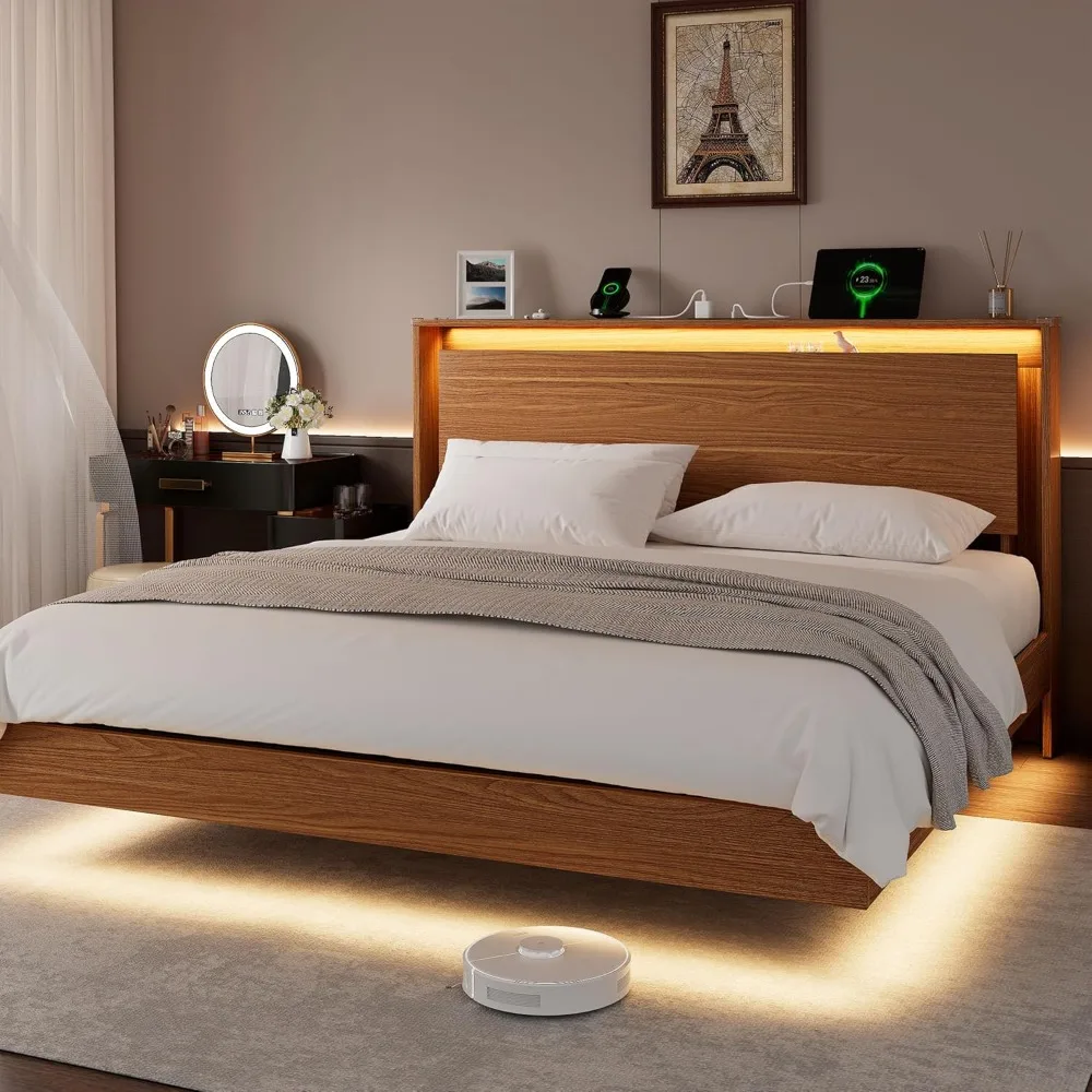 

Luxury King-Size Wood Bed Frame with LED Lighting and Built-In Charging Station, featuring Storage Headboard and No-Screw Slats