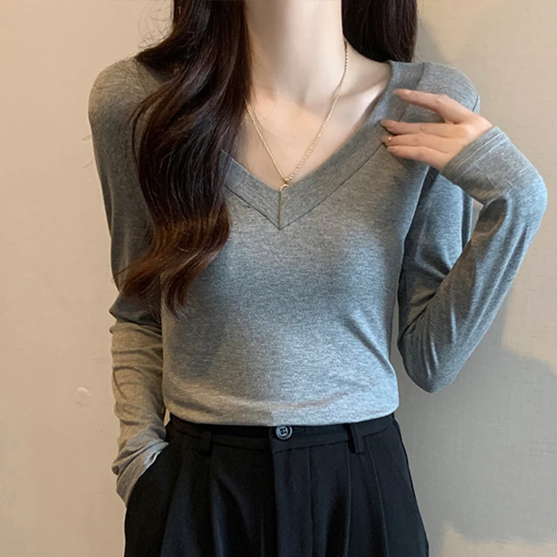 

Tee Shirt Femme Spring Autumn Casual Clothes Korean Style Tops Women Basic White T Shirt Long Sleeve V Neck Slim Tshirts Mujer