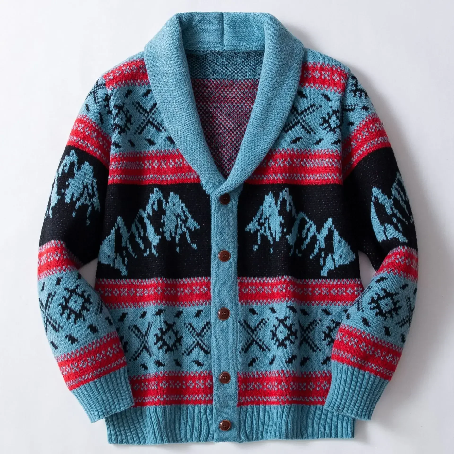 Retro Jacquard Knitted Jacket Men's Winter Warm Thick Cardigan Sweater Contrast Color Print Casual Button Knit Coats for Men