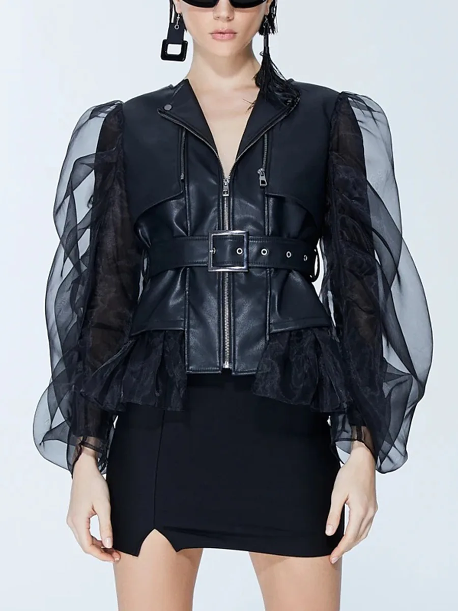 

High Quality Fashionable And Domineering Women's Perspective Patchwork Mesh Leather Jacket Motorcycle Rock Jacket Top Jacket