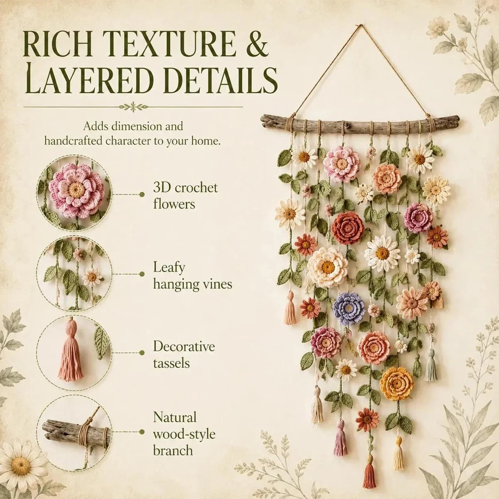 Floral Vine Decor Boho Crochet Wall Hanging Handmade Cotton Macrame Bohemian Farmhouse Art