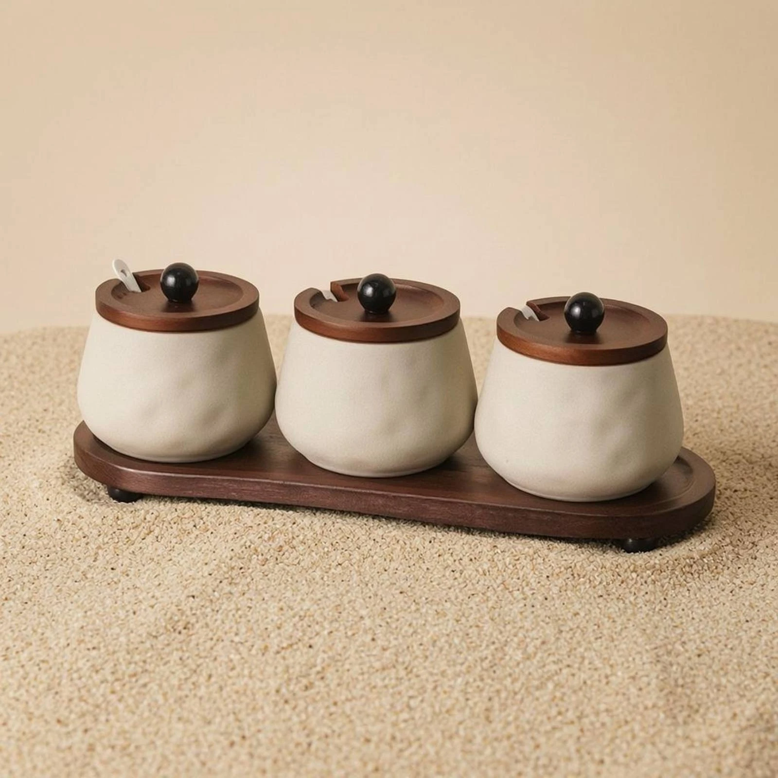 3 Pieces Ceramic Condiment Jar Set Wooden Lid Ceramic Condiment Jars Seasoning Container Set with Lids Tableware Storage Matte