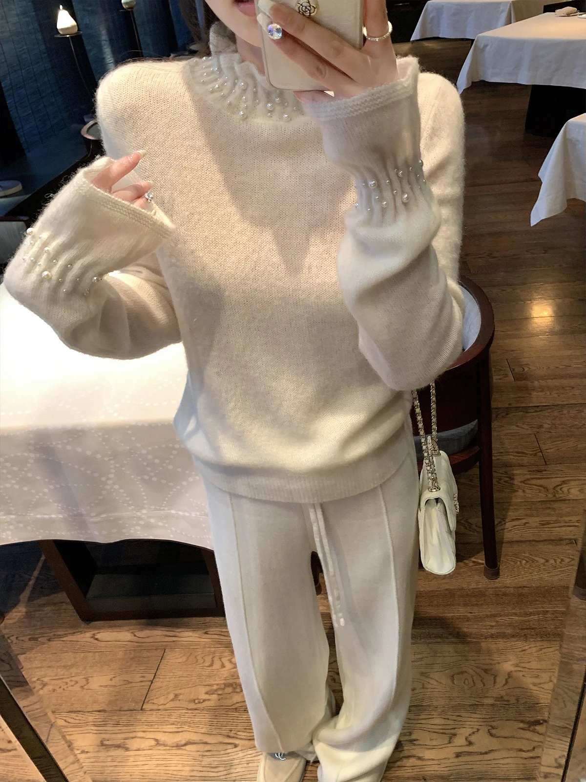 

Cchen Chench Chen Ultra Warm Fce Lined Knitted Pants Thi Nuthi Casual Rope Tied Floor Length Straight Leg Trousers