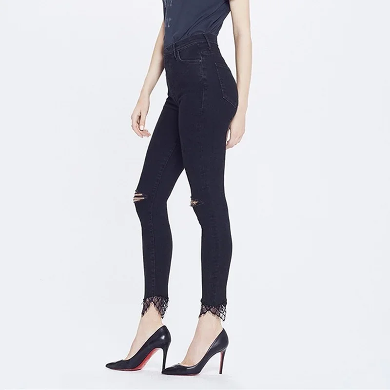 

Elastic Slim Black High Waisted Knee Ripped Jeans for Women
