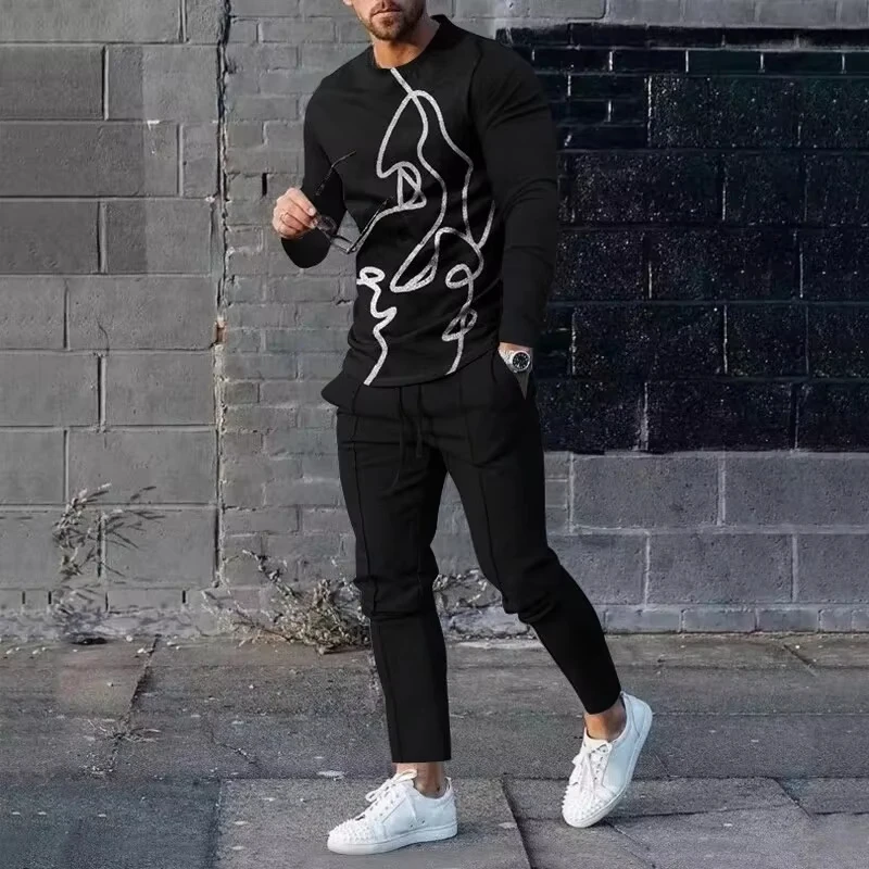 Full Men's T Shirt Set Long Sleeve O Neck Urban Jogging 3D Printed Fashion Casual Streetwear Oversized Outfits Sportswear Suit