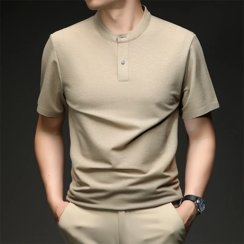 2026 New Men's Single Button Henley Neck Tee Comfortable Textured Fabric Short Sleeve For Casual And Business