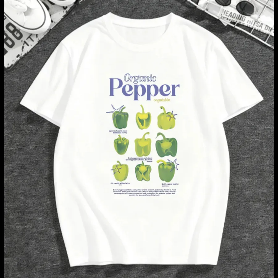 Retro Chic Cute Green Bell Pepper Chart Print Oversized Tee 100% Cotton Vegetable Lover Casual Daily T-Shirt Russian Fashion Tee