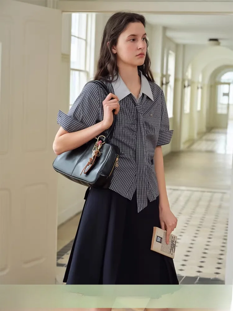 

Vintage Plaid Women's Shirt American College Style Short Sleeve Sash Waist Cinched Spring 2026 Fashion Retro Cotton Blouse