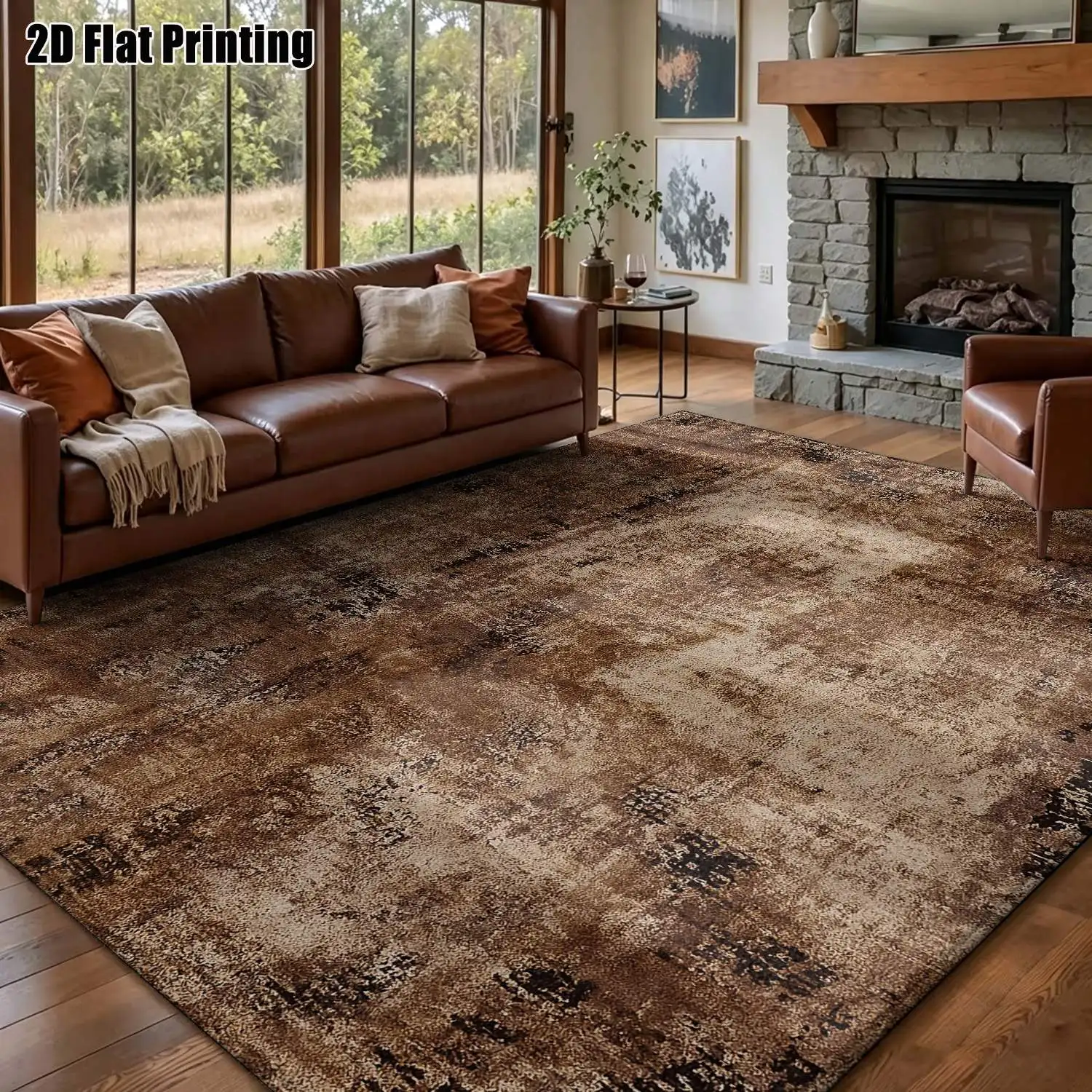 1Pc 2D Printed Retro Brown-Beige Abstract Art Carpet European-Style Vintage Rug Fits Minimalist/Geometric Interiors, Multi-Size, Machine Washable, Ideal for Living Room, Bedroom, Dining Room, Entryway, Study Home Decor.