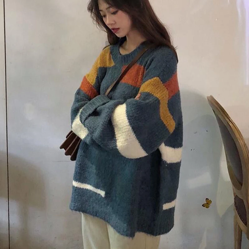 Harajuku Knitted Sweater Women Korean Patchwork Striped Loose Mid Length Pullover Fashion Casual Preppye Style Retro Sweater New