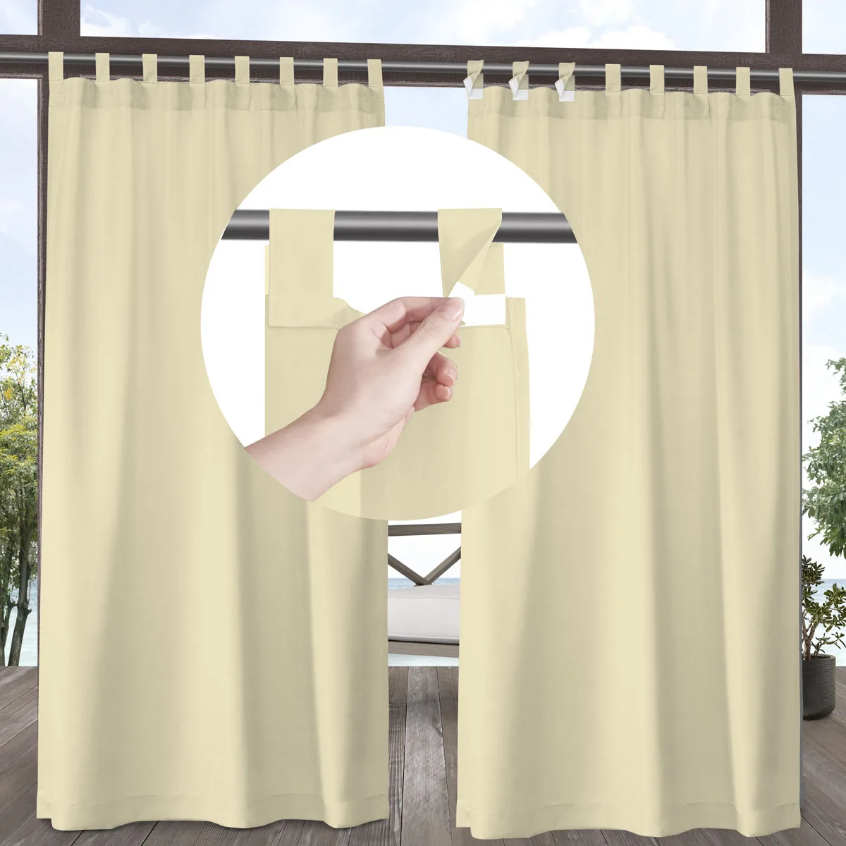 Rideau extérieur contemporain, dessus à onglets amovibles, résistant à l'eau, Polyester filtrage de la lumière, écran de confidentialité facile à installer, 1 pièce