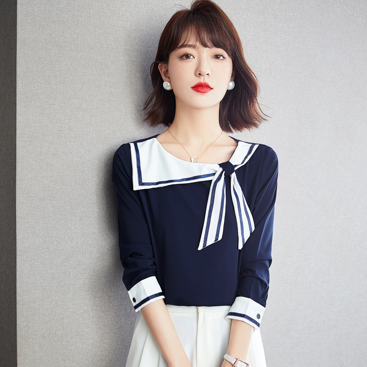 Sailor Collar Bow Long Sleeve Casual Shirt Women Tops Spring Autumn Office Lady Elegant Chic Loose Navy Pullover Blouse C1421