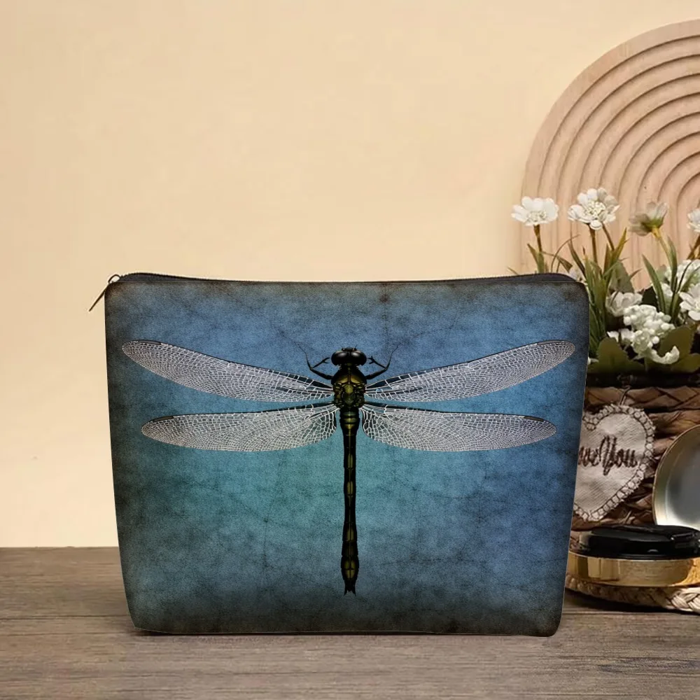 Dragonfly On Blue Background Pattern Makeup Bags for Girls Cosmetic Pouch Toiletry Bag Pencil Case Travel Storage