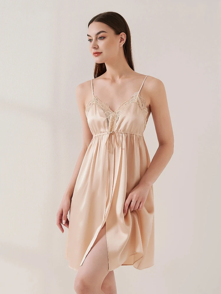 6A Grade 100% Mulberry Silk Nightgown Chemise with Lace 19MM Heavy Silk Slip Dress Tie Waist Sexy Slit Nightdress Sleepwear PJS