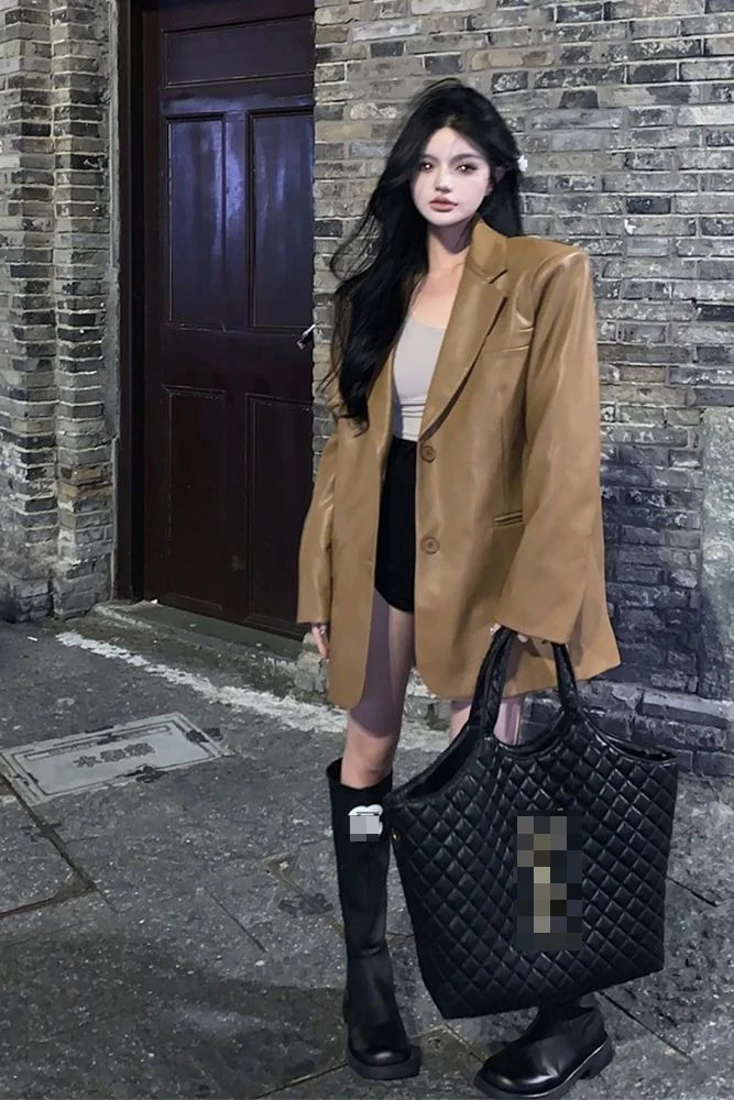 

Insozkdg American Retro Brown Suit Leather Jacket Women Clothing Spring/Autumn New Korean Fashion Loose Casual Blazer Women Tops