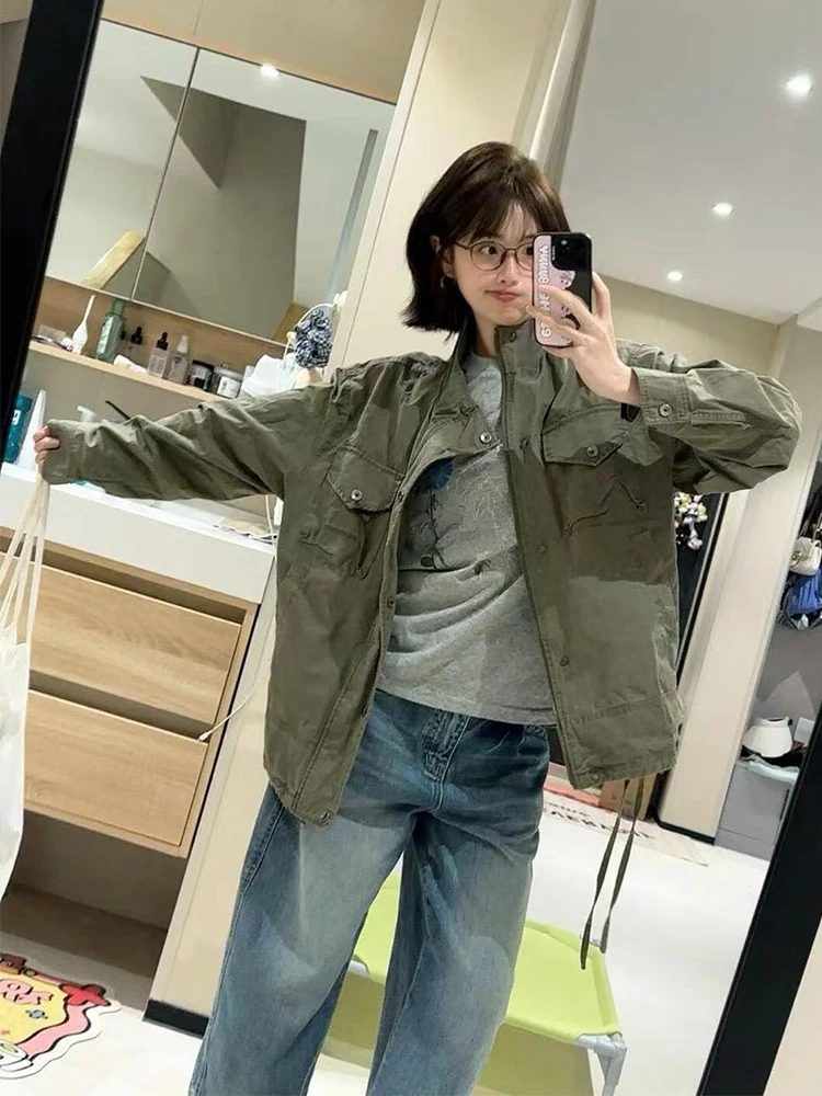 Chic Cargo Jacket Army Green Utility Coat Women Oversized Stand Collar Spring Fall American Multi-Pocket Casual Outerwear