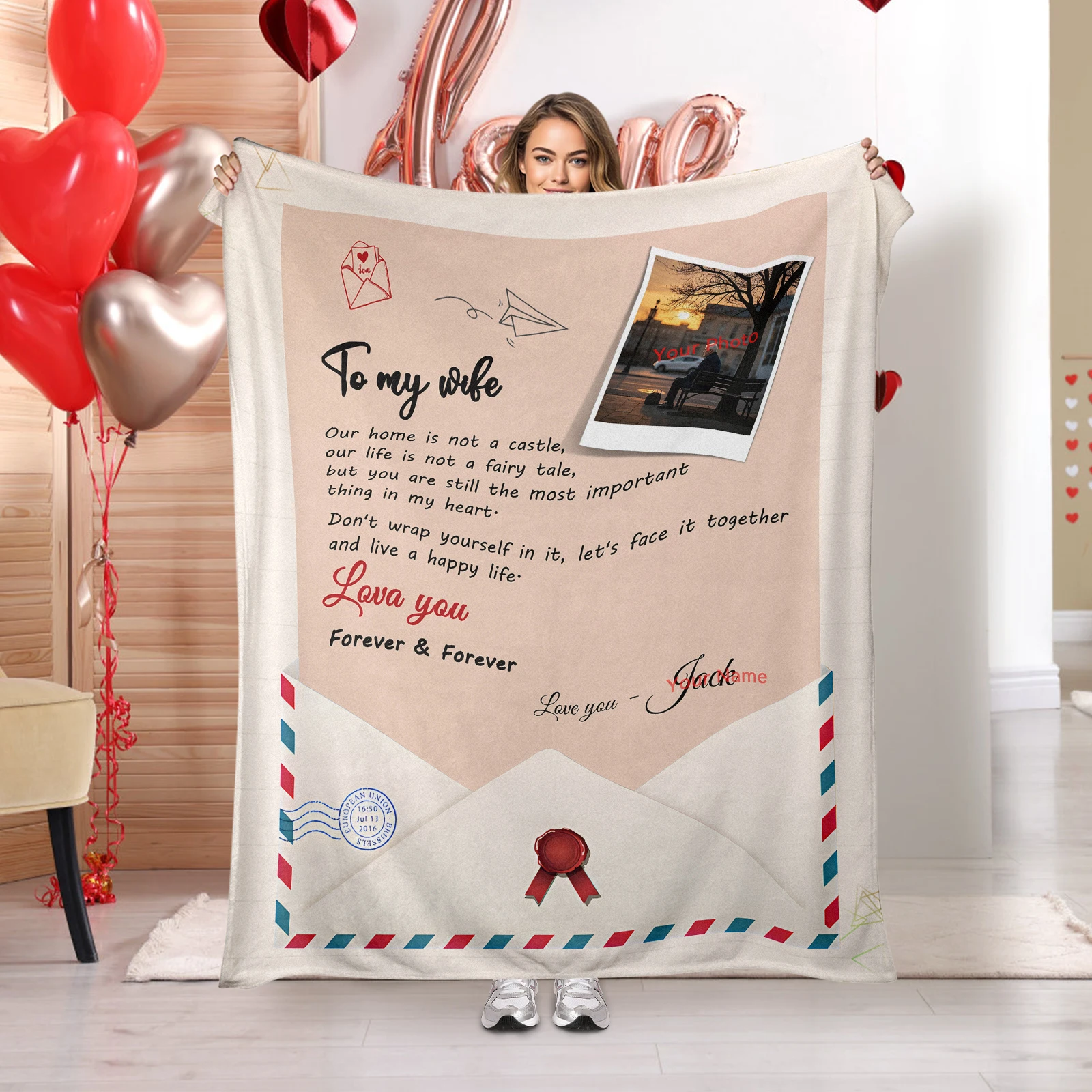 

Special Valentine Flannel Blanket Including Envelope Motifs Romantic Messages And Custom Picture With Name