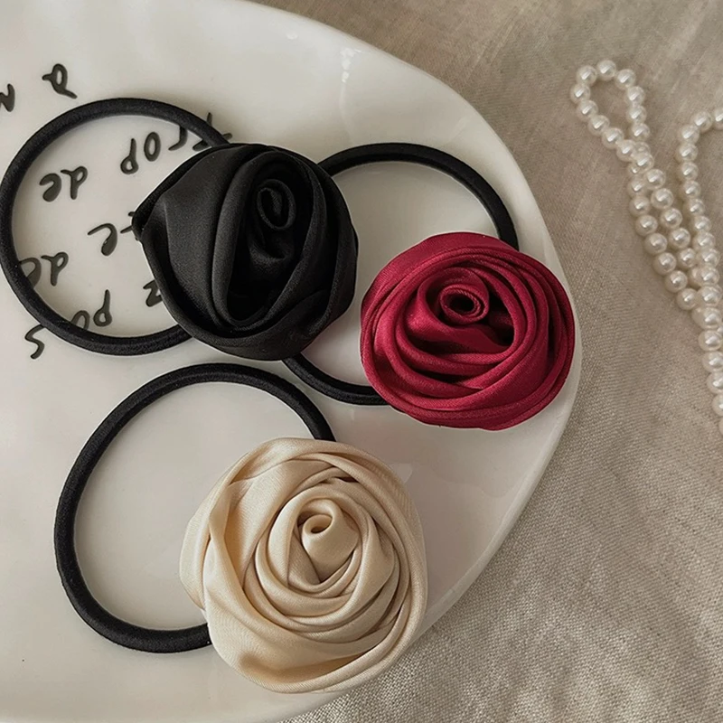 5 Colors Satin Hair Tie Rope Women Fashion Rose Flower Hair Rubber Bands Scrunchies Korean Elastic Hair Accessories Headwear