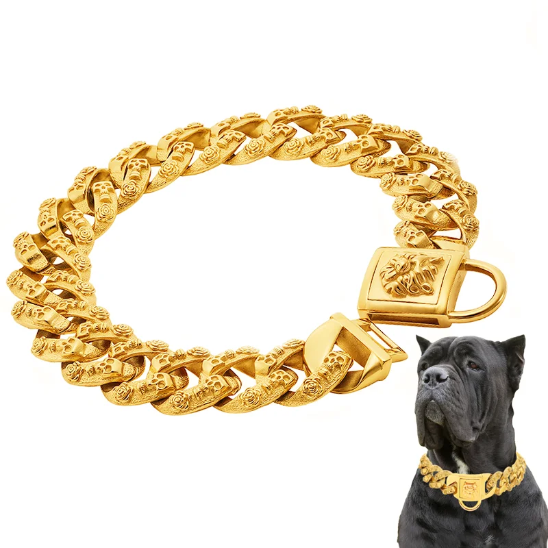 Collier en métal pour grand chien, ras du cou pour animaux de compagnie, or et argent, chaîne en acier inoxydable de 32mm, accessoires individuels uniques à la mode pour chiens